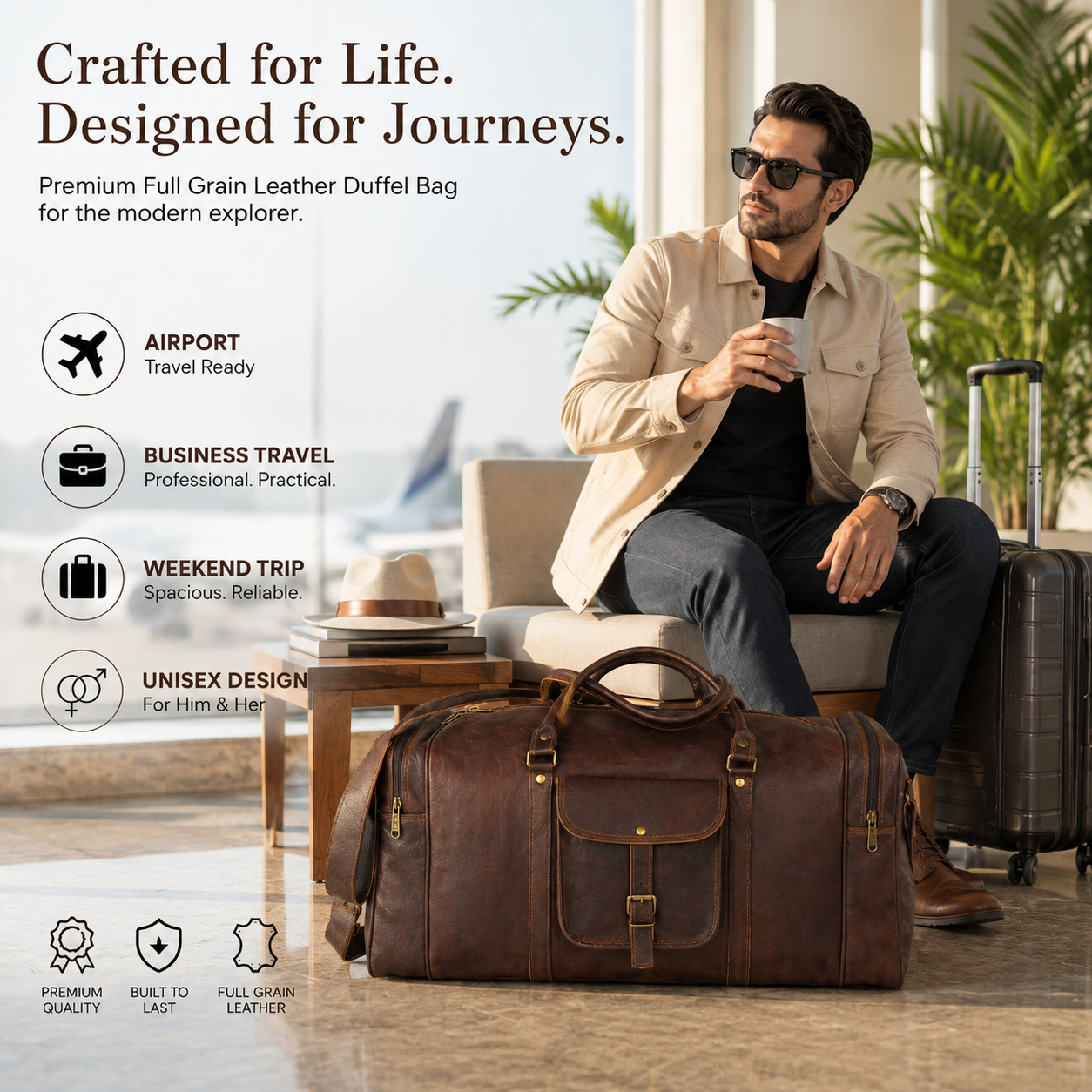 Dark brown full-grain leather duffel bag displayed in an airport terminal with a traveler sitting nearby.