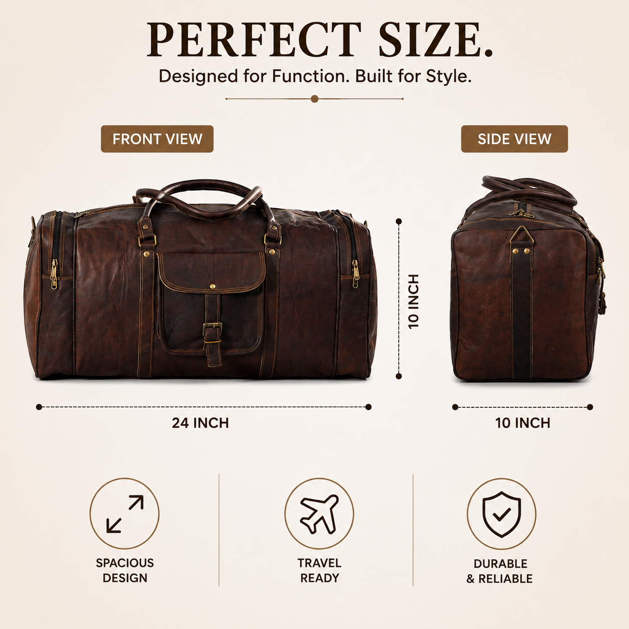 24 Inch Brown Leather Travel Duffel Bag Dimensions Front & Side View Diagram