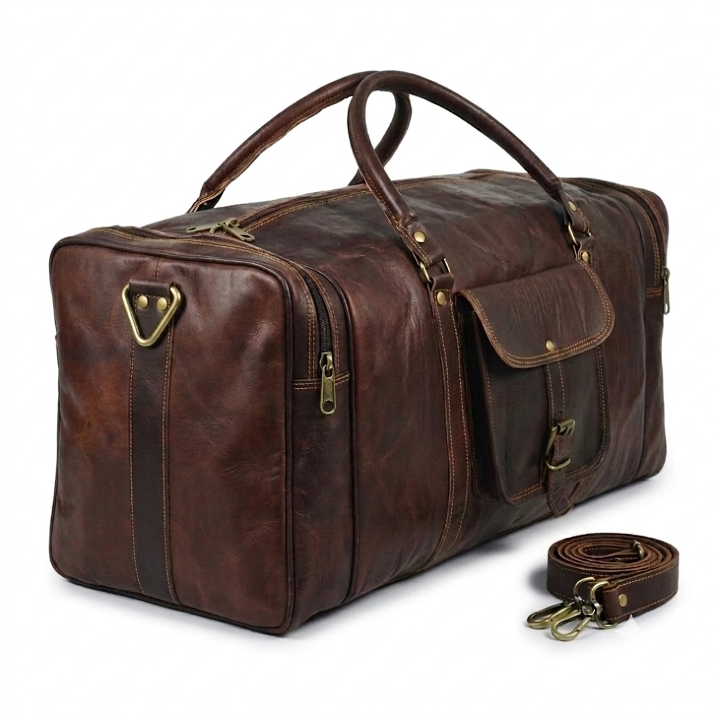 Dark Brown Full Grain Leather Travel Duffel Bag with Detachable Shoulder Strap