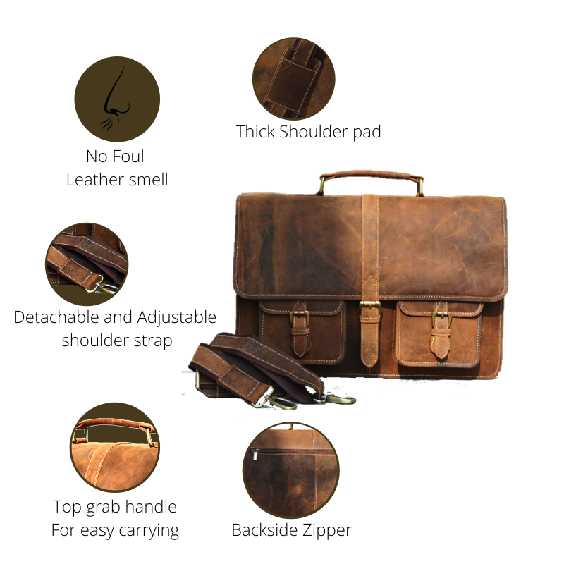 Satchel And Fable Mens Messenger 16 Inch Vintage Genuine Leather Briefcase Large Computer Laptop Satchel Shoulder Bag, Brown - Image 3